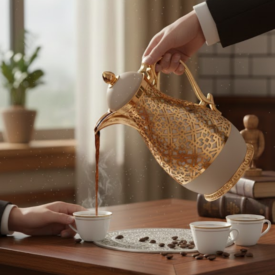 Vacuum Flask Jug - Bright Milky White Islamic Flower