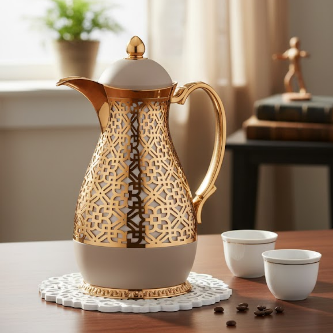 Vacuum Flask Jug - Bright Milky White Islamic Flower