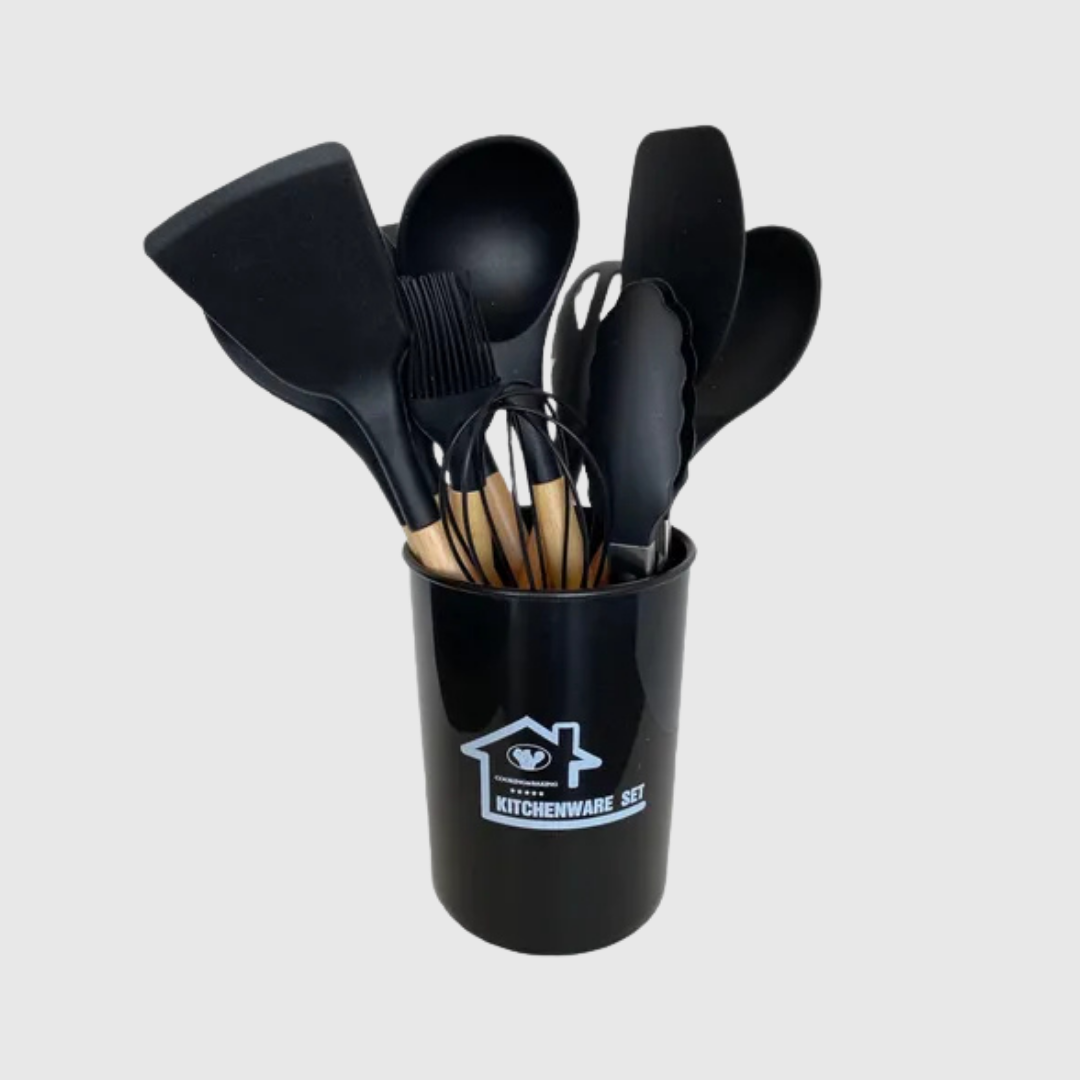 Silicone Kitchen Utensil Set with Wooden Handles