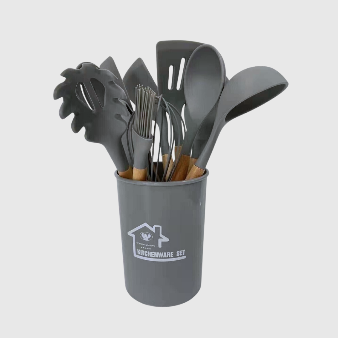 Silicone Kitchen Utensil Set with Wooden Handles