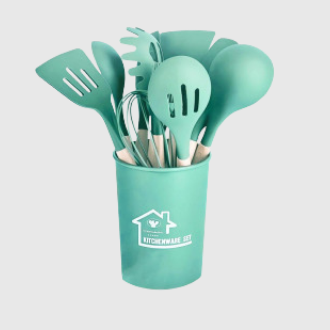 Silicone Kitchen Utensil Set with Wooden Handles