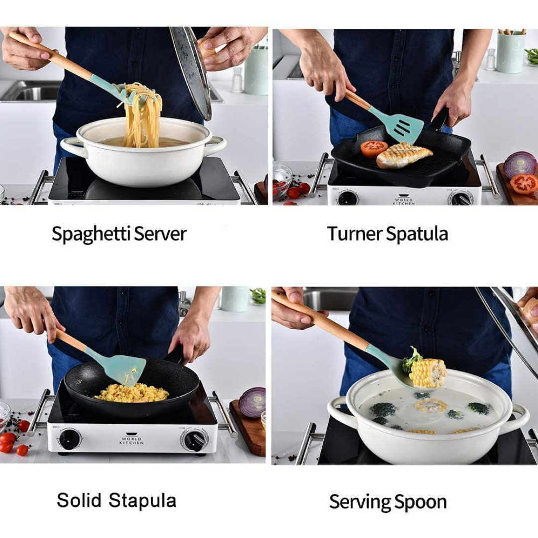 Silicone Kitchen Utensil Set with Wooden Handles